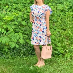 Merona Watercolor Floral Print Flutter Sleeve Midi Dress Elastic Waist Key Hole